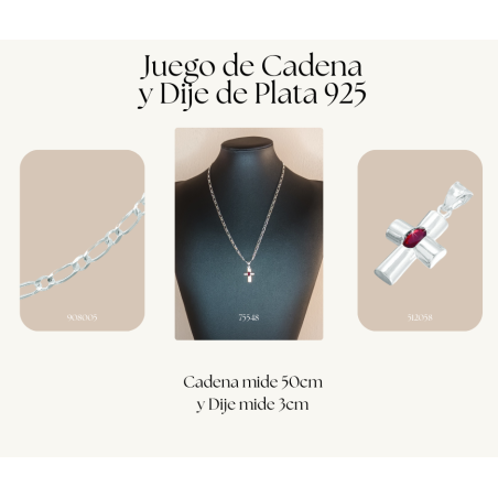 Juego Cadena de plata 925 fígaro con dije de cruz con piedra roja