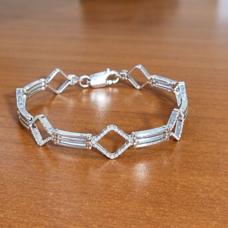 Pulsera de plata 925 con eslabones rectangulares tipo barra y rombos